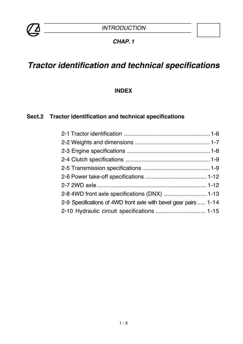 K&ouml;nnte beinhalten: Eine wei&szlig;e Seite mit dem Titel "Traktoridentifizierung und technische Spezifikationen" und einem Index, der verschiedene Traktorspezifikationen auflistet, einschlie&szlig;lich Motor-, Kupplungs- und Getriebedetails. Die Seitenzahl ist 1-5.
