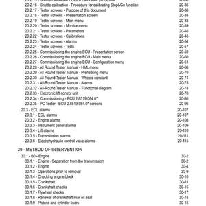 May include: A detailed table of contents from a technical manual, featuring a list of procedures and topics. The text includes sections on engine calibration, alarms, and intervention methods, with corresponding page numbers for easy reference.