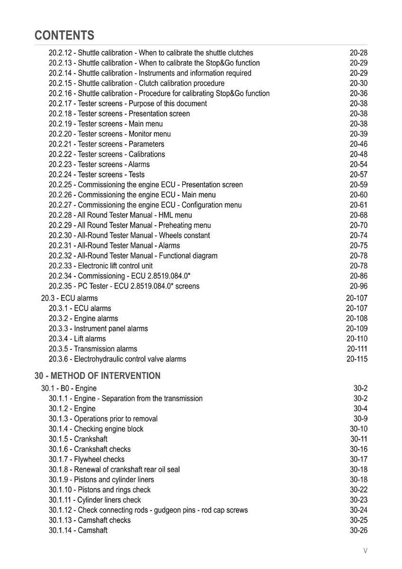 May include: A detailed table of contents from a technical manual, featuring a list of procedures and topics. The text includes sections on engine calibration, alarms, and intervention methods, with corresponding page numbers for easy reference.