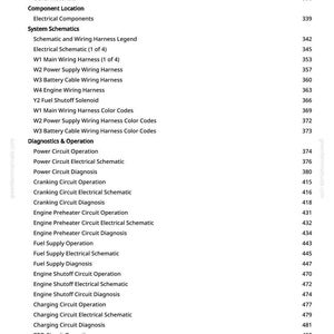 May include: A page from a manual with a table of contents. The document lists specifications, component locations, system schematics, and diagnostics and operation sections. Page numbers are listed on the right.