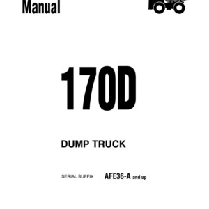 May include: A white shop manual cover with black text and a line drawing of a dump truck. The text reads "Shop Manual", "170D", and "DUMP TRUCK". The Komatsu logo is at the bottom.