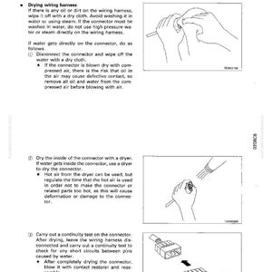 Puede incluir: Diagrama de un manual que detalla c&oacute;mo secar un mazo de cables. La imagen incluye ilustraciones de limpieza, secado con secadora y prueba de un conector. El texto explica los pasos para el mantenimiento.