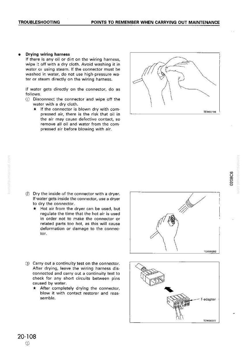 Puede incluir: Diagrama de un manual que detalla c&oacute;mo secar un mazo de cables. La imagen incluye ilustraciones de limpieza, secado con secadora y prueba de un conector. El texto explica los pasos para el mantenimiento.