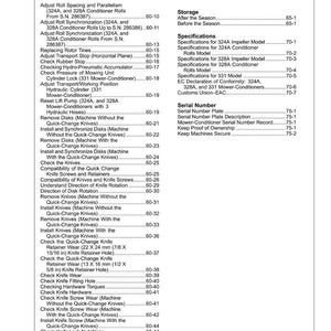 May include: A detailed table of contents from a manual, listing various procedures and specifications for machinery. The document includes page numbers and covers topics like adjustments, storage, and serial number information.