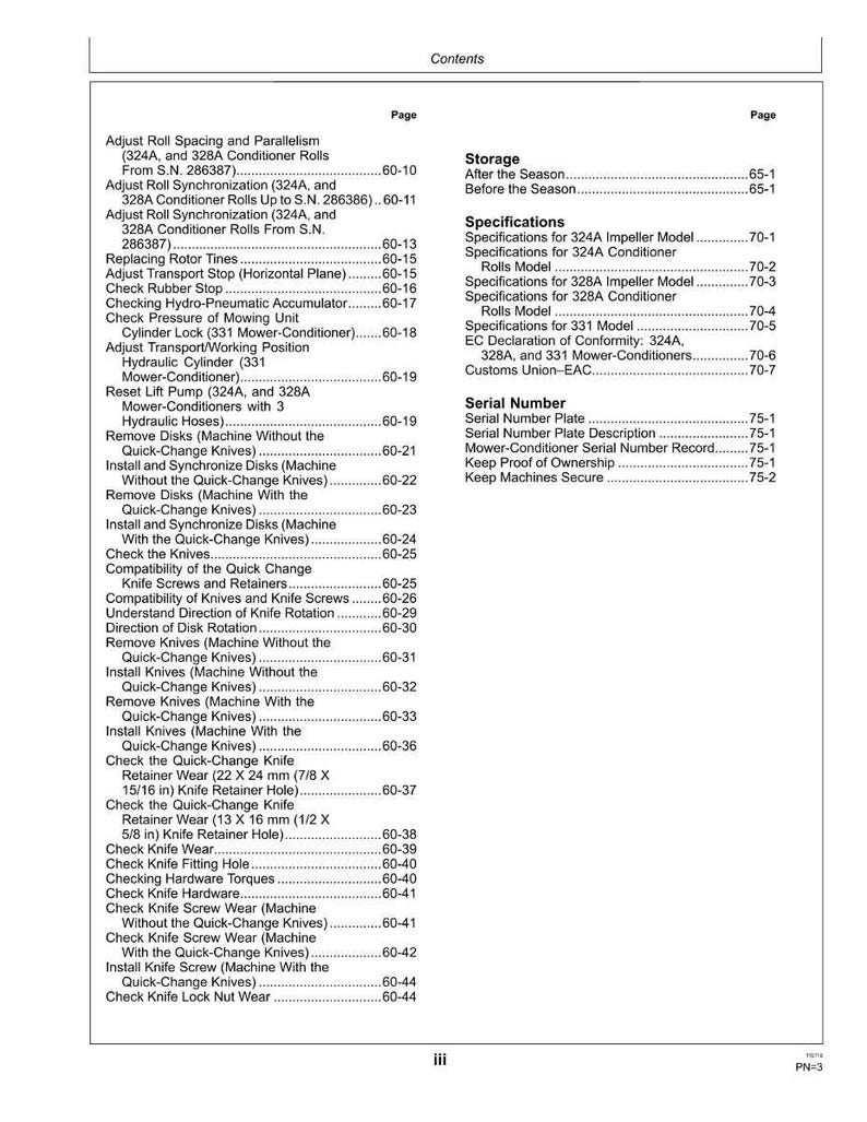 May include: A detailed table of contents from a manual, listing various procedures and specifications for machinery. The document includes page numbers and covers topics like adjustments, storage, and serial number information.