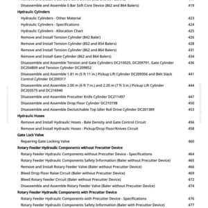 May include: A detailed table of contents from a manual, featuring various sections on hydraulic cylinders, hoses, and rotary feeder components. The document includes specifications, safety information, and instructions for balers.