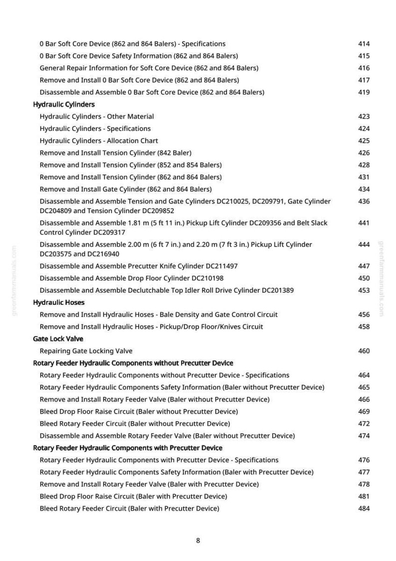 May include: A detailed table of contents from a manual, featuring various sections on hydraulic cylinders, hoses, and rotary feeder components. The document includes specifications, safety information, and instructions for balers.