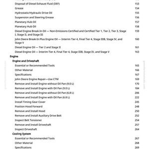 May include: A page from a manual with a table of contents. The topics include diesel exhaust fluid, engine components, and cooling systems. Page numbers are listed on the right side.