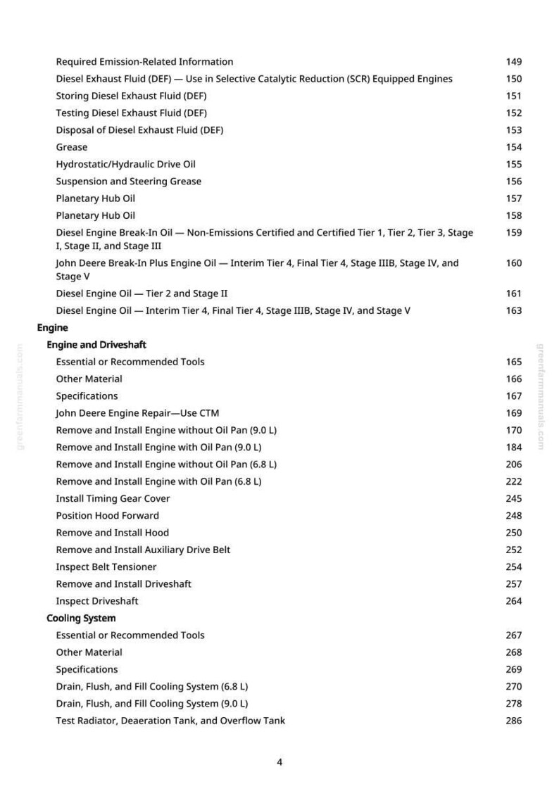 May include: A page from a manual with a table of contents. The topics include diesel exhaust fluid, engine components, and cooling systems. Page numbers are listed on the right side.