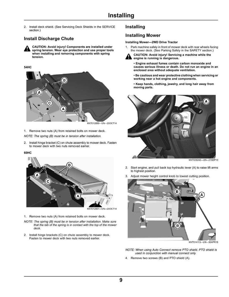 Puede incluir: Una p&aacute;gina de un manual de equipos que detalla la instalaci&oacute;n de una plataforma de corte. El manual incluye diagramas con piezas etiquetadas, advertencias de seguridad e instrucciones paso a paso para el montaje y el mantenimiento.