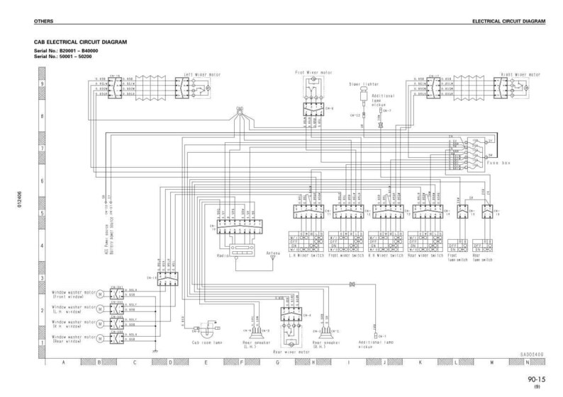 May include: A detailed black and white electrical circuit diagram for a cab, with numerous labeled components and wiring. The diagram includes text such as "CAB ELECTRICAL CIRCUIT DIAGRAM" and serial numbers.