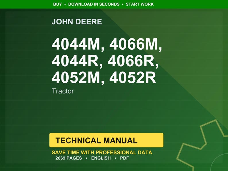 Puede incluir: Un fondo verde con el logotipo de John Deere y los n&uacute;meros de modelo de tractor: 4044M, 4066M, 4044R, 4066R, 4052M y 4052R. La palabra "Tractor" est&aacute; debajo de los n&uacute;meros de modelo. Una pancarta amarilla dice "MANUAL T&Eacute;CNICO".