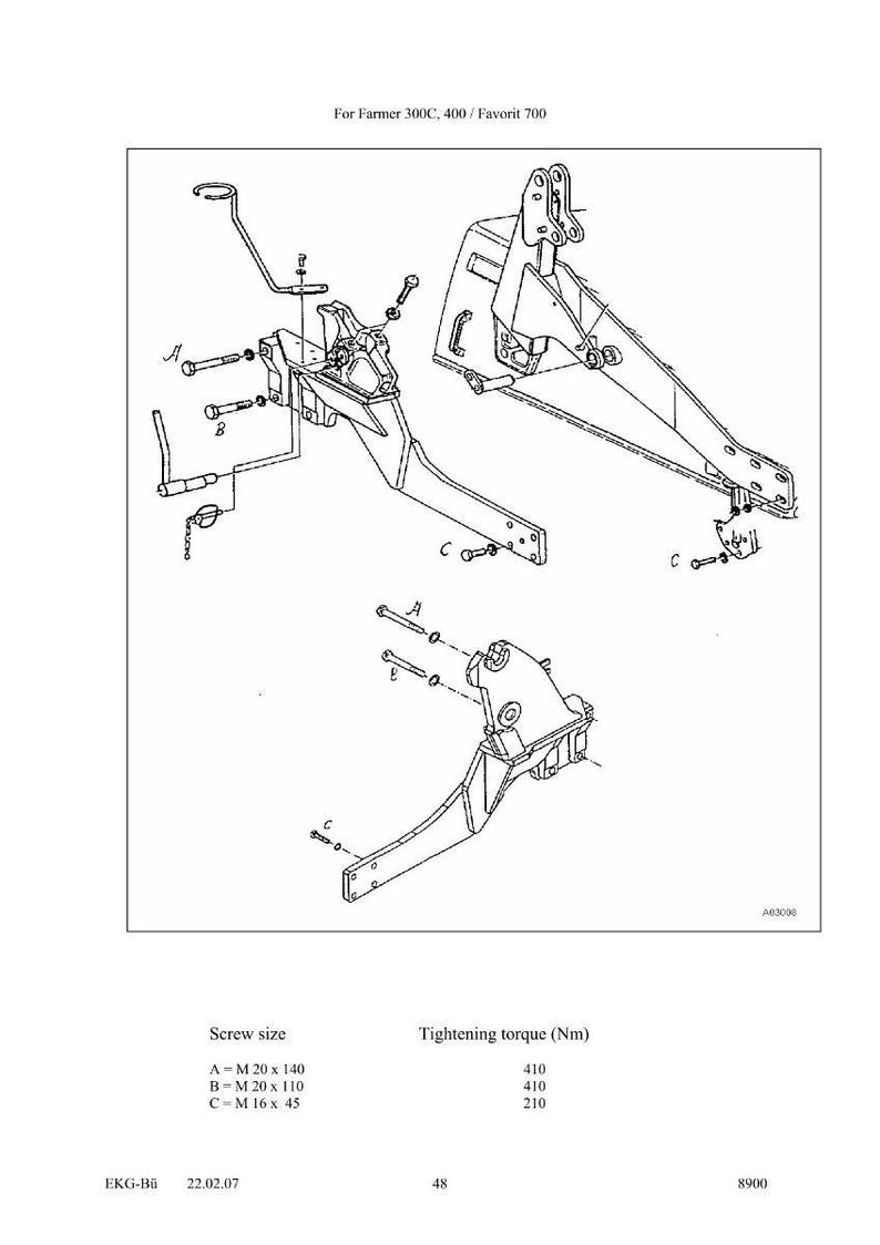 May include: Technical diagram showing tractor components, including brackets, bolts, and levers. The diagram includes screw sizes and tightening torque specifications. Text at the top reads "For Farmer 300C, 400 / Favorit 700".