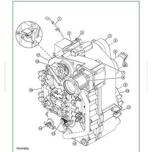 May include: Line drawing of a transmission component with callouts for identification. The image includes a detailed diagram of the direct drive transmission, labeled with numbers and text for reference. The text "Transmission Component Identification" is at the top.