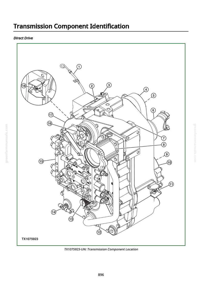 May include: Line drawing of a transmission component with callouts for identification. The image includes a detailed diagram of the direct drive transmission, labeled with numbers and text for reference. The text "Transmission Component Identification" is at the top.