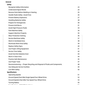 May include: A white page with a black text table of contents. The title is "Table of Contents". The topics include safety, operating speeds, and specifications. Page numbers are on the right.