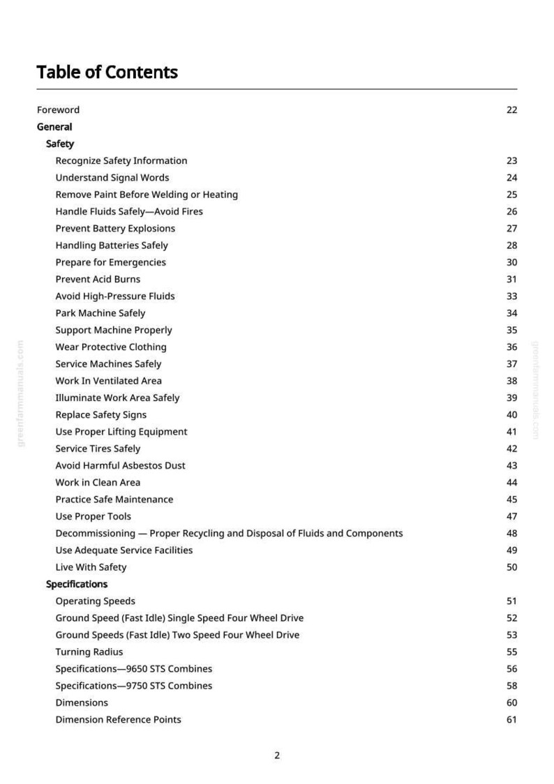 May include: A white page with a black text table of contents. The title is "Table of Contents". The topics include safety, operating speeds, and specifications. Page numbers are on the right.