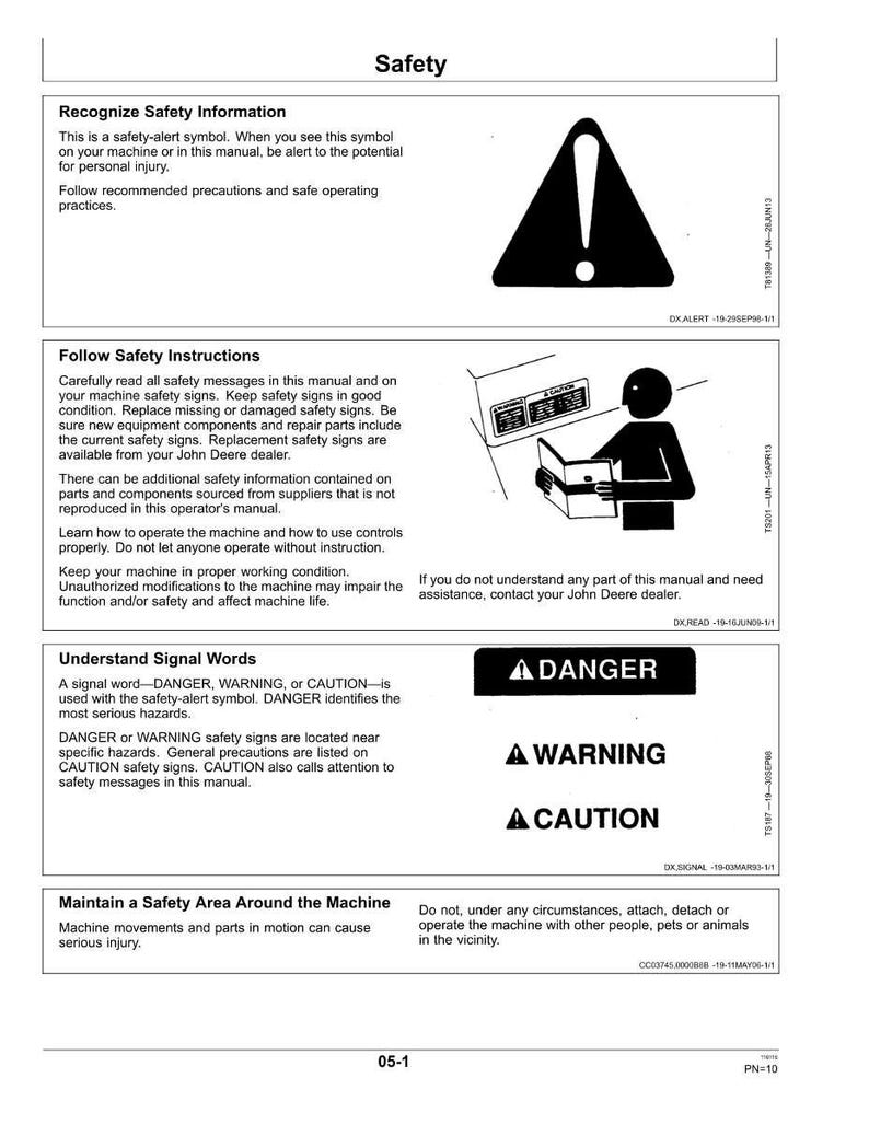 May include: A manual page titled "Safety" with safety instructions and signal words. Includes a safety-alert symbol, and the words "DANGER", "WARNING", and "CAUTION" in bold. The page provides guidelines for safe machine operation.