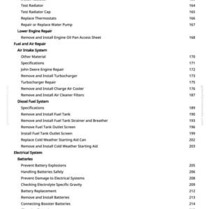 May include: A printed page from greenfarmmanuals.com with a table of contents for engine repair. The text includes sections on fuel, air, diesel fuel, and electrical systems, with page numbers.