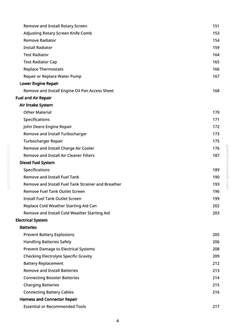 May include: A printed page from greenfarmmanuals.com with a table of contents for engine repair. The text includes sections on fuel, air, diesel fuel, and electrical systems, with page numbers.