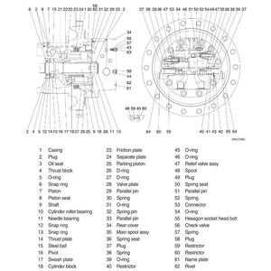 May include: Detailed technical diagram of a travel motor, featuring various components labeled with numbers and names. The diagram includes parts like pistons, springs, and bearings, essential for mechanical engineering and machinery.