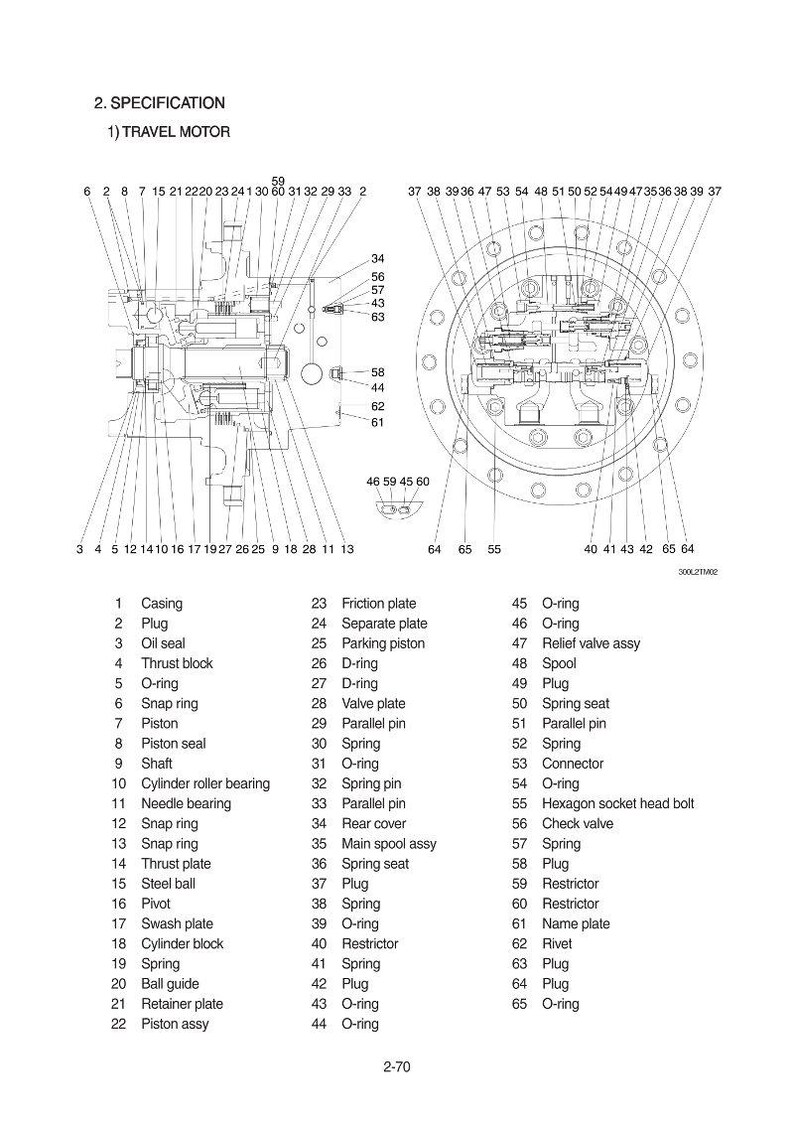 May include: Detailed technical diagram of a travel motor, featuring various components labeled with numbers and names. The diagram includes parts like pistons, springs, and bearings, essential for mechanical engineering and machinery.