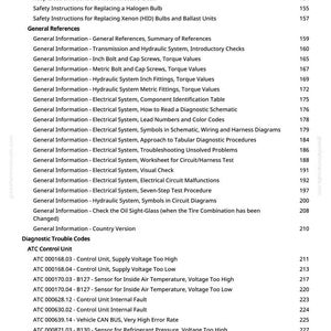 May include: A detailed table of contents from a manual, listing topics related to automotive electrical systems, diagnostic trouble codes, and general information. Includes sections on control units, sensors, and troubleshooting procedures.