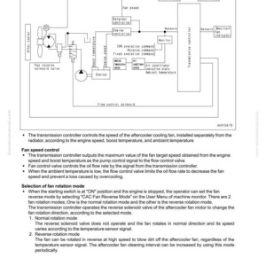 May include: Diagram of an aftercooler fan control function, detailing electrical system components. Includes labels for fan speed, engine speed, and temperature sensors. Text explains fan speed control and rotation modes.
