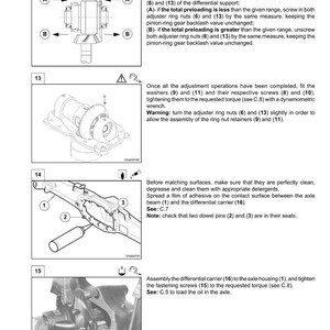 K&ouml;nnte beinhalten: Technische Zeichnung einer Differentialtr&auml;gergruppe mit detaillierten Illustrationen von Komponenten und Montageanweisungen. Enth&auml;lt Diagramme von Einstellmuttern, Unterlegscheiben, Schrauben und dem Differentialtr&auml;ger. Text enth&auml;lt Warnungen und Drehmomentangaben.