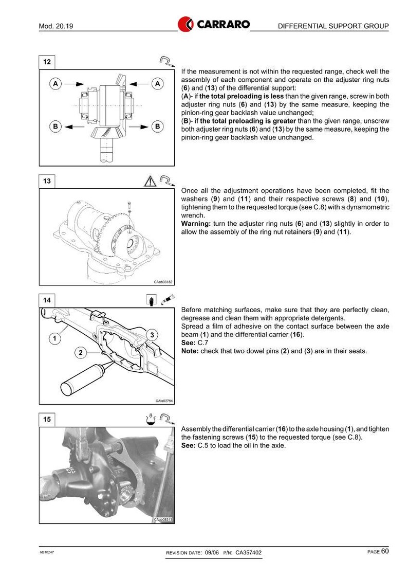 K&ouml;nnte beinhalten: Technische Zeichnung einer Differentialtr&auml;gergruppe mit detaillierten Illustrationen von Komponenten und Montageanweisungen. Enth&auml;lt Diagramme von Einstellmuttern, Unterlegscheiben, Schrauben und dem Differentialtr&auml;ger. Text enth&auml;lt Warnungen und Drehmomentangaben.