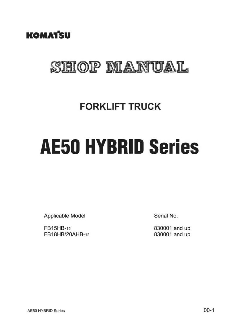 Op de afbeelding: Een wit document met het Komatsu-logo en de tekst "SHOP MANUAL FORKLIFT TRUCK AE50 HYBRID Series". Het toont modelnummers FB15HB-12 en FB18HB/20AHB-12, samen met serienummerinformatie.