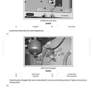May include: Diagram of mechanical components with labels A, B, C, and D. The image includes a cover plate, flangette, sensor assembly, and locking collar. Text instructions are provided for installation and assembly of the parts.