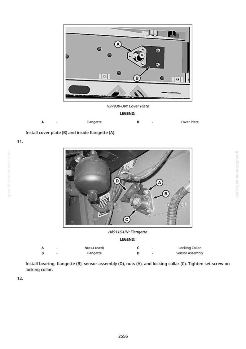 May include: Diagram of mechanical components with labels A, B, C, and D. The image includes a cover plate, flangette, sensor assembly, and locking collar. Text instructions are provided for installation and assembly of the parts.