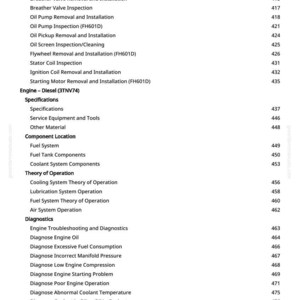 Pode incluir: Uma p&aacute;gina de manual com um sum&aacute;rio detalhado. O texto inclui t&oacute;picos como "Inspe&ccedil;&atilde;o da &Aacute;rvore de Manivelas", "Motor - Diesel", "Sistema de Combust&iacute;vel" e "Diagn&oacute;stico". Os n&uacute;meros das p&aacute;ginas est&atilde;o &agrave; direita.