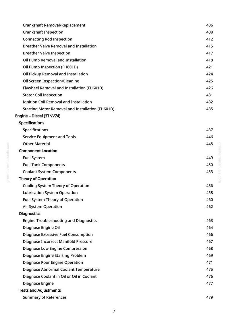 Pode incluir: Uma p&aacute;gina de manual com um sum&aacute;rio detalhado. O texto inclui t&oacute;picos como "Inspe&ccedil;&atilde;o da &Aacute;rvore de Manivelas", "Motor - Diesel", "Sistema de Combust&iacute;vel" e "Diagn&oacute;stico". Os n&uacute;meros das p&aacute;ginas est&atilde;o &agrave; direita.