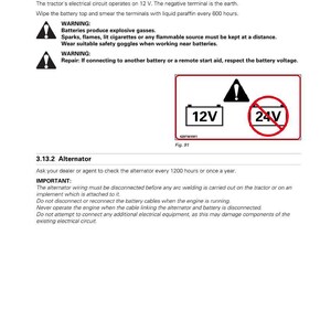 Pu&ograve; includere: Pagina di un manuale di manutenzione del trattore con testo e diagrammi. Include avvertenze su batterie e alternatori. Un diagramma mostra una batteria da 12 V e un simbolo di batteria da 24 V con un segnale di divieto rosso.