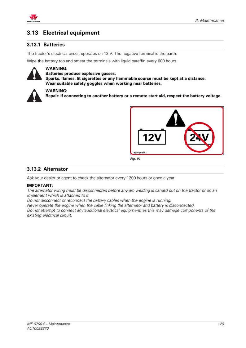 Pu&ograve; includere: Pagina di un manuale di manutenzione del trattore con testo e diagrammi. Include avvertenze su batterie e alternatori. Un diagramma mostra una batteria da 12 V e un simbolo di batteria da 24 V con un segnale di divieto rosso.