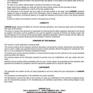 Puede incluir: Manual en blanco y negro para tractores MISTRAL 40-45-50, con texto como "LANDINI S.p.A." y "Edici&oacute;n 01-2003". El manual cubre seguridad, servicio t&eacute;cnico e informaci&oacute;n de derechos de autor.