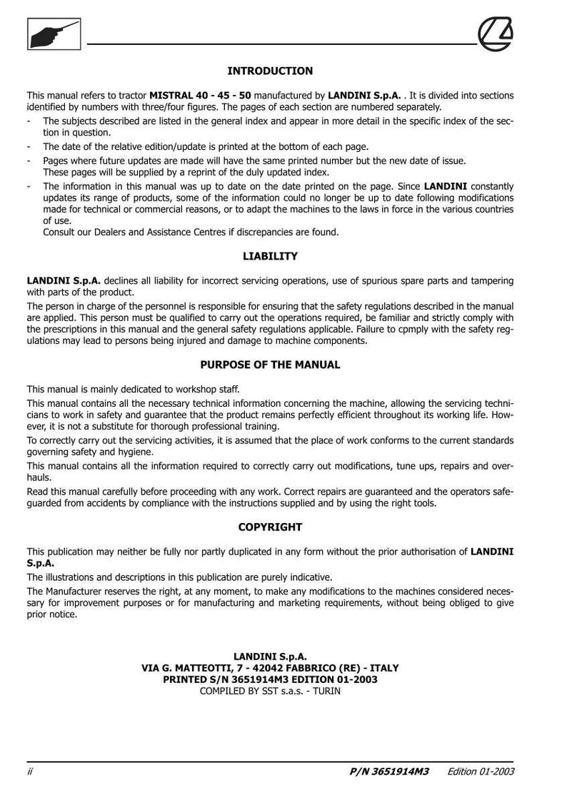 Puede incluir: Manual en blanco y negro para tractores MISTRAL 40-45-50, con texto como "LANDINI S.p.A." y "Edici&oacute;n 01-2003". El manual cubre seguridad, servicio t&eacute;cnico e informaci&oacute;n de derechos de autor.