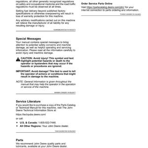 May include: A page from a John Deere manual with the title "Introduction." The text includes safety information, service details, and instructions for ordering parts. The page also features a warning symbol.