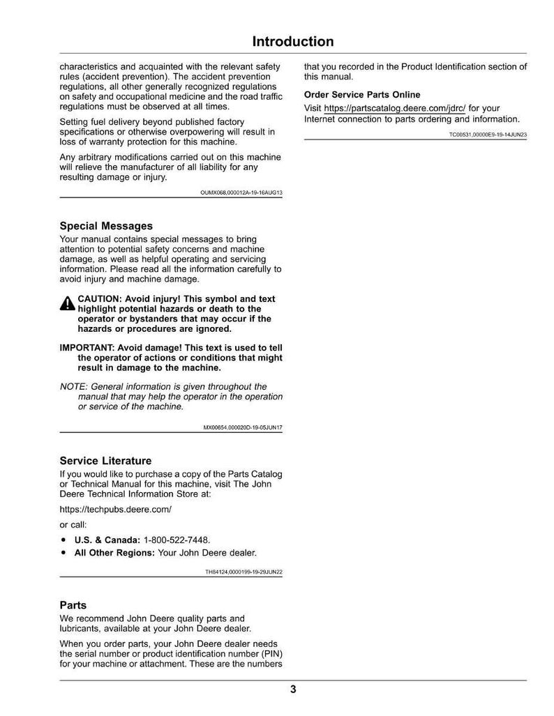 May include: A page from a John Deere manual with the title "Introduction." The text includes safety information, service details, and instructions for ordering parts. The page also features a warning symbol.