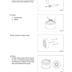 May include: Technical diagram with detailed illustrations of mechanical components. Includes labeled diagrams of pistons, cylinder bores, splines, and other parts, with instructions for inspection and replacement.