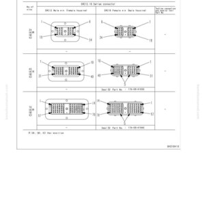 May include: Diagram of DRC12 and DRC18 series connectors, showing male and female pin configurations. Includes pin numbers, part numbers, and key position indicators. Text includes "General information on troubleshooting" and "Connection table for connector pin numbers."