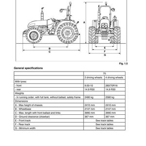 May include: Diagram of a tractor with dimensions and specifications. The image includes side and front views, labeled with letters and measurements in millimeters. The text includes "Introduction" and "General specifications".