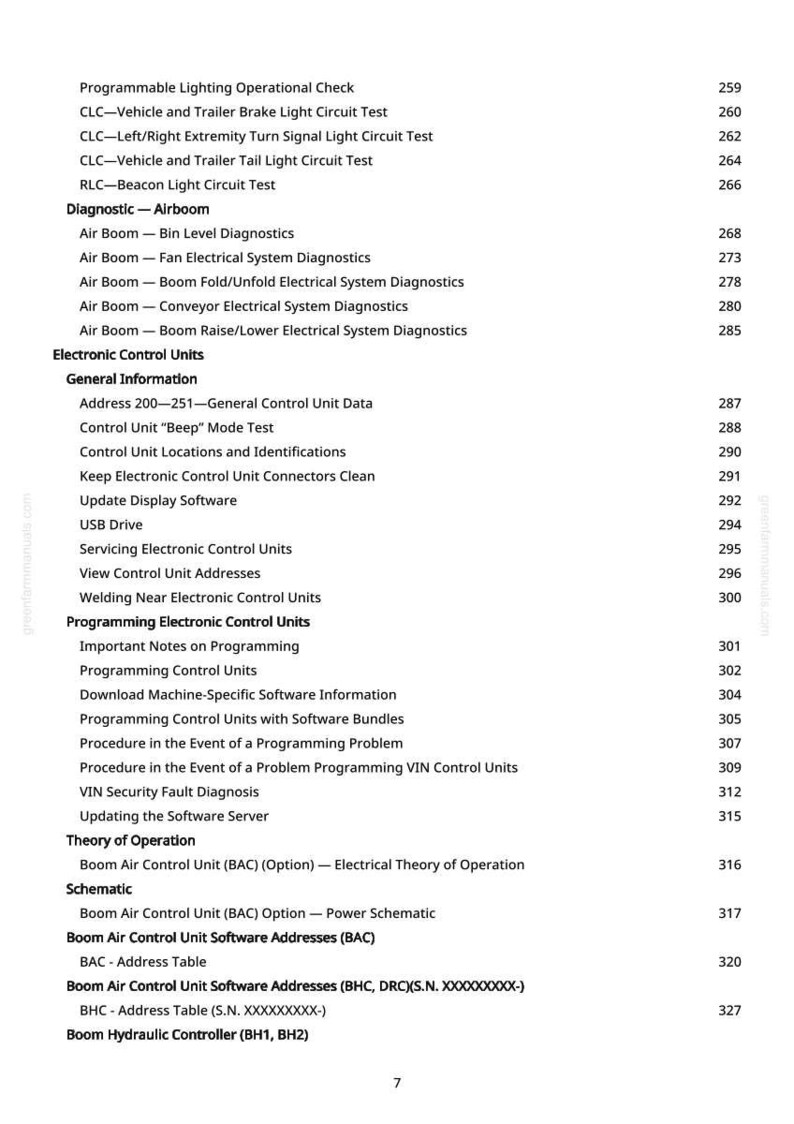 May include: A white printed page with a detailed table of contents. The document lists various diagnostic and programming topics, including lighting checks, control units, and software information. Page numbers are listed on the right.