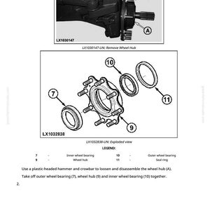 May include: Diagram of wheel hub components, including inner and outer wheel bearings, a seal ring, and the wheel hub itself. The image also shows the removal of the wheel hub.