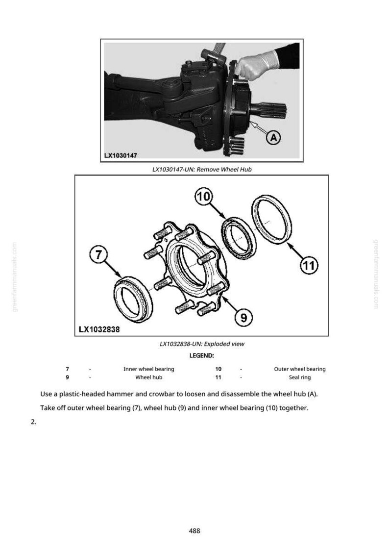 May include: Diagram of wheel hub components, including inner and outer wheel bearings, a seal ring, and the wheel hub itself. The image also shows the removal of the wheel hub.