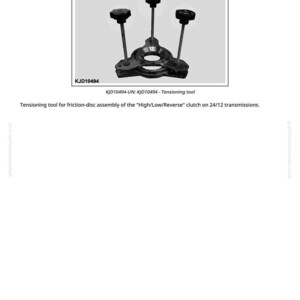 May include: A black and silver tensioning tool with three adjustable posts and a central circular opening. The tool is labeled "KJD10494 - Tensioning Tool" and is designed for friction-disc assembly on 24/12 transmissions.