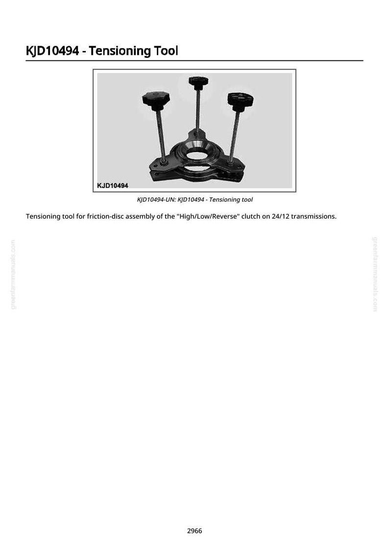 May include: A black and silver tensioning tool with three adjustable posts and a central circular opening. The tool is labeled "KJD10494 - Tensioning Tool" and is designed for friction-disc assembly on 24/12 transmissions.