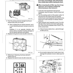 May include: Troubleshooting guide with diagrams for hydraulic and mechanical equipment. Includes instructions for checking oil levels, replacing parts, and installing components. Features numbered steps and illustrations for clarity.